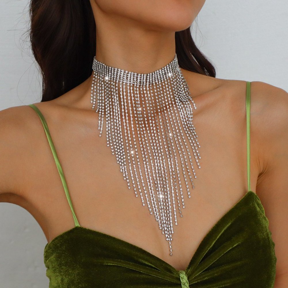 Bling Silver Crystal Long Drop Tassel Choker Necklace - Party Evening‎ Statement - Picture 7 of 9